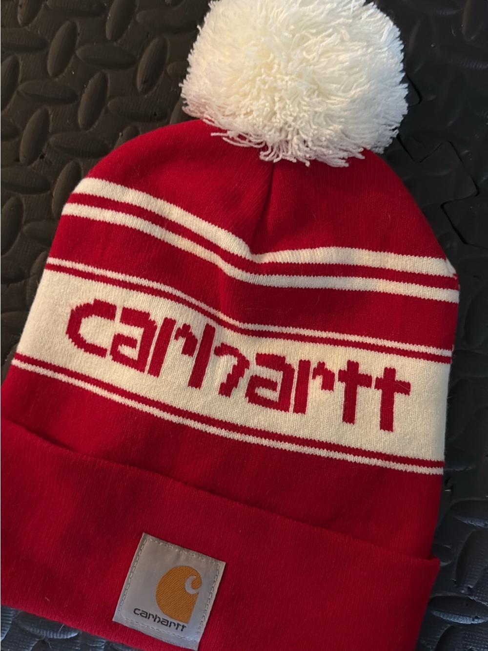 Carhartt Red and White Pom-Top Knit Beanie